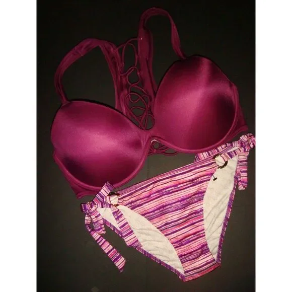 NWT Victoria's Secret 36DD BIKINI S bottom fuchsia pink MAROON striped racerback